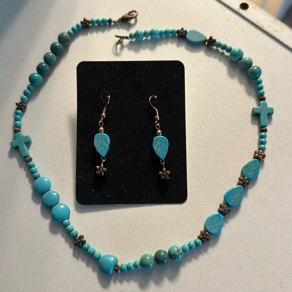 Turquoise and Copper Bead Necklace & Earring Set with carved leaves and crosses